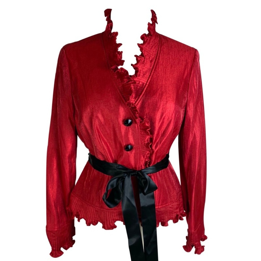 Adrianna Papell Shiny Red Top Black Sash Jacket